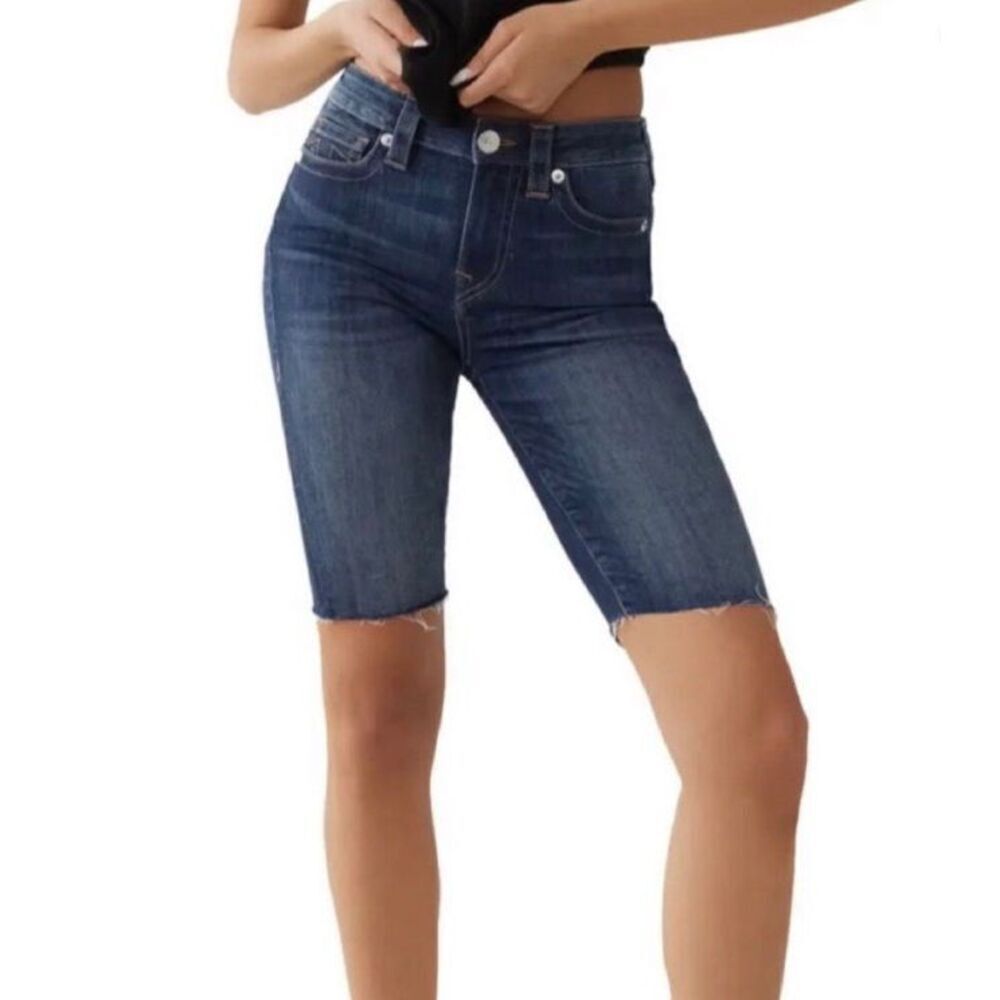 True religion Riley Knee Length Raw Hem Denim Short Dark Wash size 30 #200
